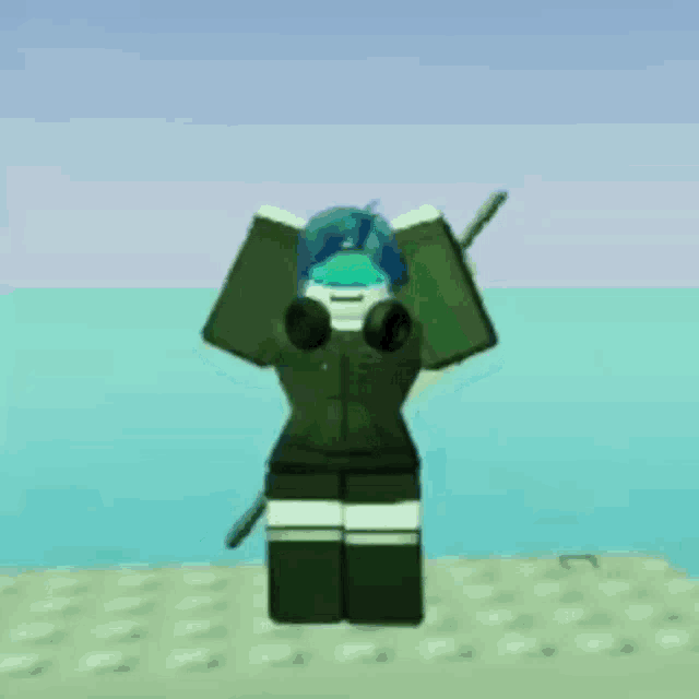 a roblox character is standing in front of a body of water .