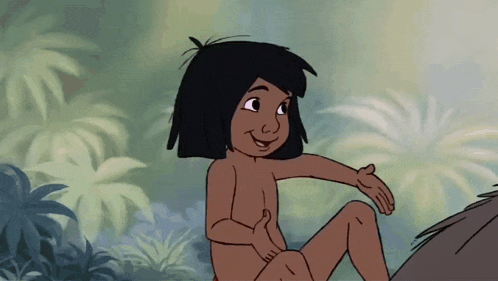 a cartoon character is sitting in the jungle with his hands outstretched