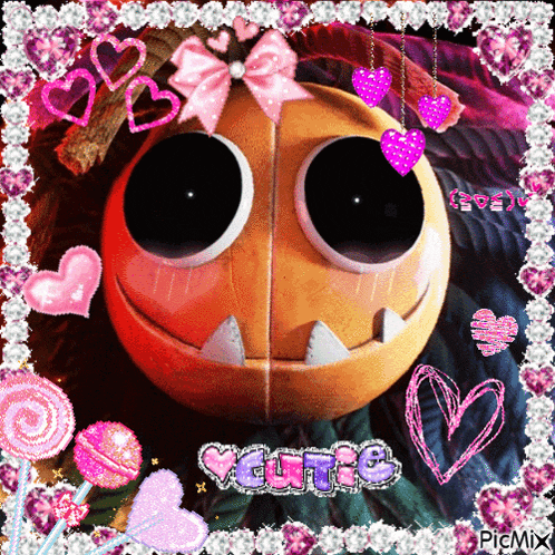 a picture of a pumpkin with hearts and the word cute