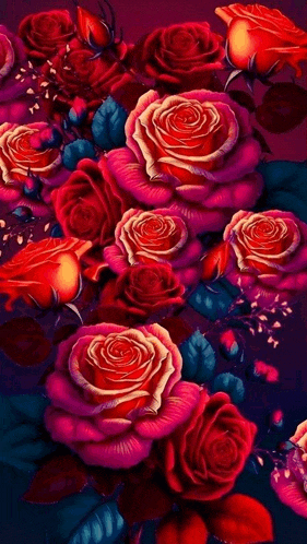 a bunch of red and pink roses on a dark purple background .