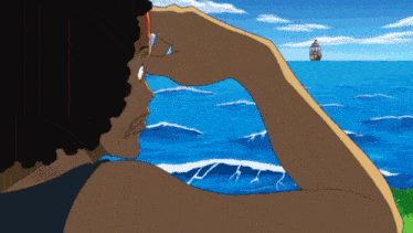 a man is looking out over the ocean with a boat in the distance