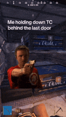 a screenshot of a video game shows a man holding down a tc behind the last door