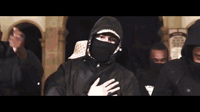 a man wearing a black hooded jacket and a black mask is standing in front of a group of people .