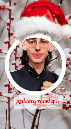 a picture of a man wearing a santa hat and the name antony musique