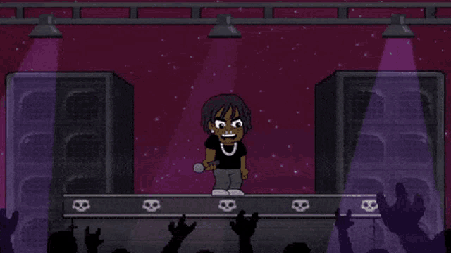 a pixel art of a man holding a microphone in front of a crowd