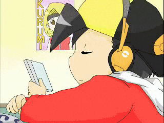 a pixel art drawing of a person wearing headphones and holding a video game .