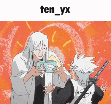 a cartoon of a man holding a box that says ten_yx on the bottom