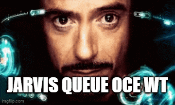 a close up of a man 's face with the words jarvis queue oce wt