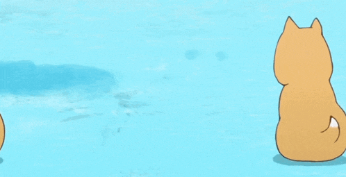 a brown and white cartoon dog is sitting on a blue surface .