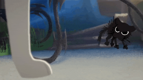 a cartoon drawing of a black cat walking on the ground