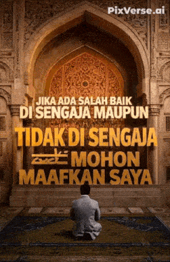 a man is kneeling in front of a mosque with a caption that says pixverse