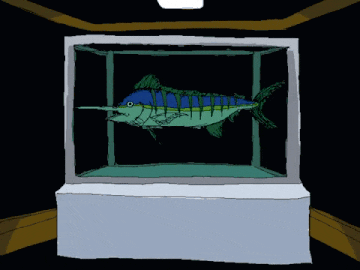 a cartoon drawing of a fish in a glass display case