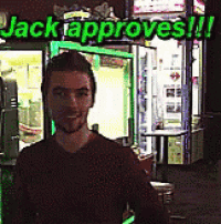 a man is standing in front of a green sign that says jack approves