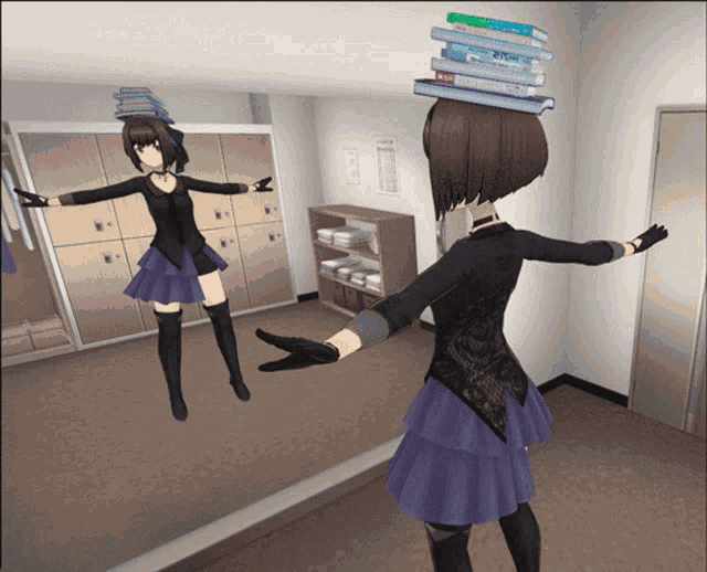 a girl with a stack of books on her head in front of a mirror