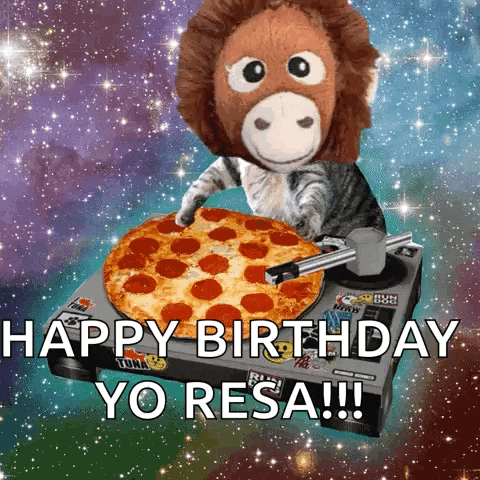 a stuffed monkey is holding a pepperoni pizza on a turntable with the words happy birthday yo resa