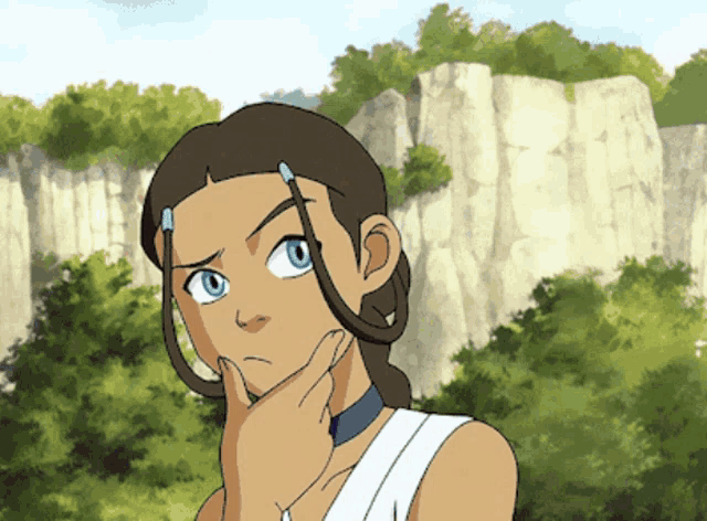 a cartoon of a girl with blue eyes thinking