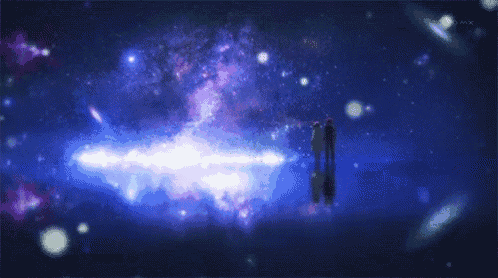 a couple standing in front of a galaxy with tokyo mx on the bottom left