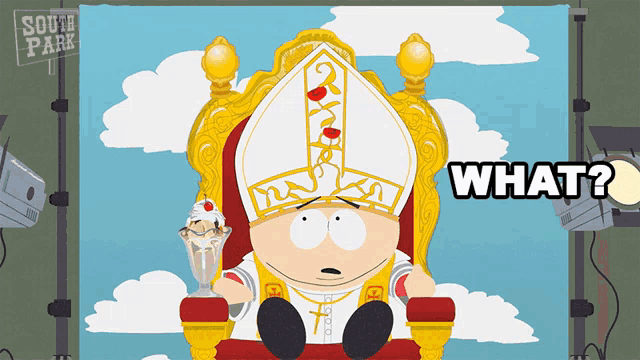 a cartoon character from south park is sitting on a throne holding an ice cream cone and asking what