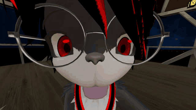 a close up of a cartoon character wearing glasses with red eyes