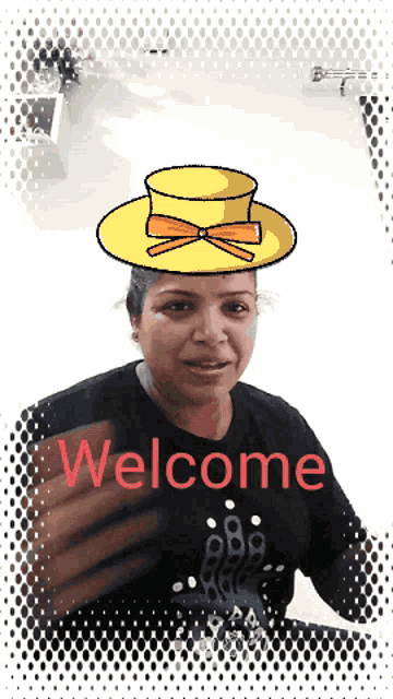 a woman wearing a yellow hat and a black shirt with the words welcome on it