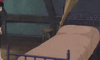 a cartoon character is standing next to a bed in a bedroom .