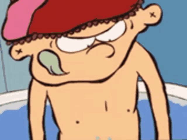 a cartoon character without a shirt is in a bathtub