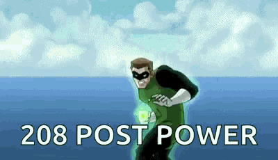 a green lantern is running in the water with the words 208 post power behind him