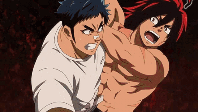 a man with a white shirt that says ' a ' on it is fighting another man with red hair