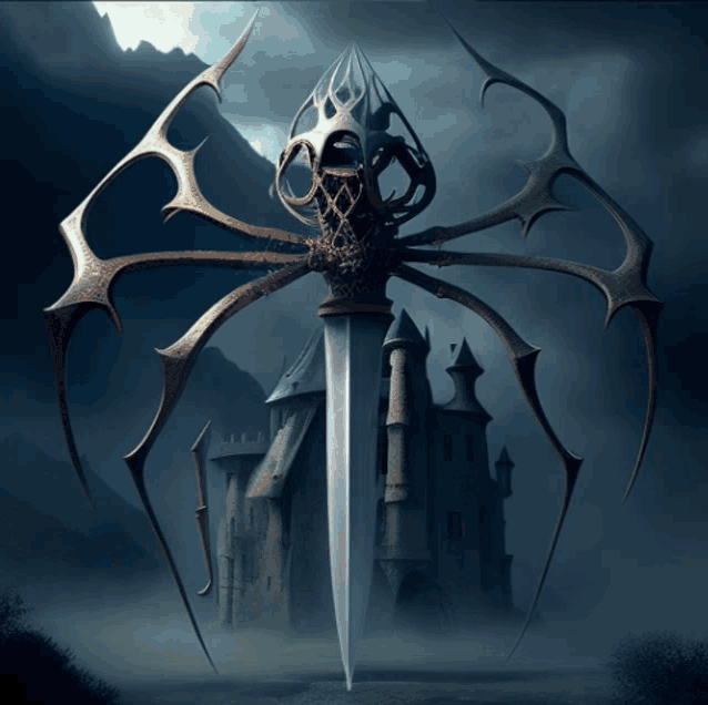 a large spider holding a sword in front of a foggy castle