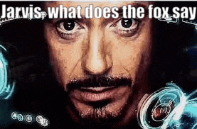 a close up of a man 's face with the words `` jarvis , what does the fox say '' .