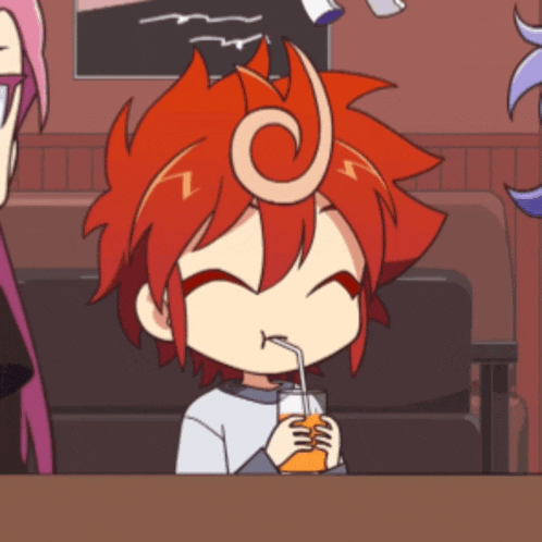 a cartoon character with red hair and a swirl on his head drinking through a straw