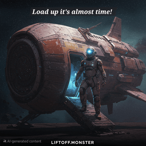 an advertisement for liftoff monster shows a man standing in front of a space ship