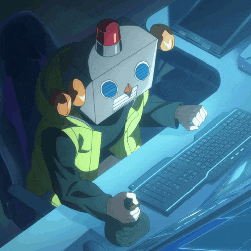 a person with a robot head is using a computer keyboard