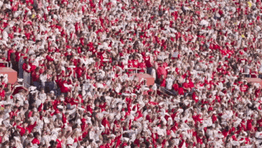a crowd of people wearing red and white shirts with the letters uc on them