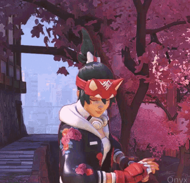 a video game character wearing headphones and a headband with the word onyx on it