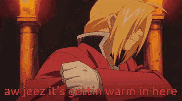 a cartoon character with the words aw jeez it 's gettin warm in here on the bottom