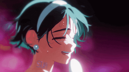 a girl with blue hair has sia written on her ear