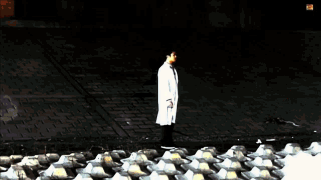 a man in a white coat is standing on a brick road