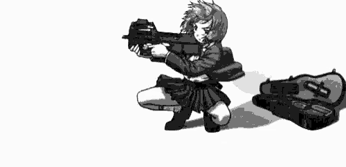 a black and white drawing of a girl holding a gun next to a case .