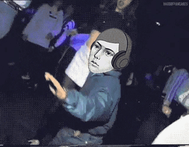 a cartoon drawing of a man wearing headphones and a sweater