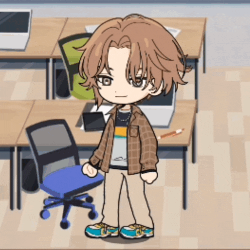 a boy in a plaid shirt is standing in front of a chair