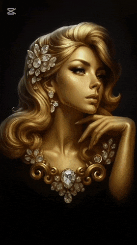 a woman with gold hair is wearing a necklace with diamonds