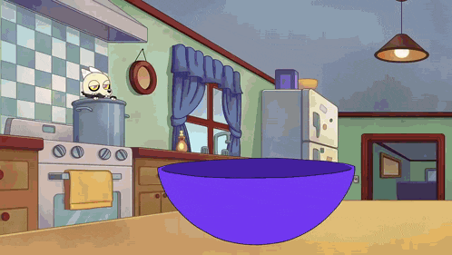 a cartoon kitchen with a purple bowl on the counter