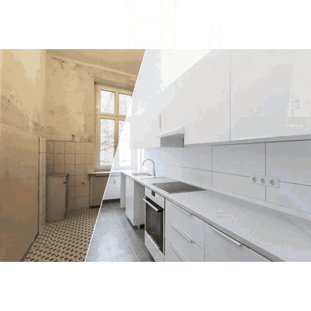 a before and after photo of a kitchen with white cabinets and appliances