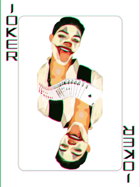 a joker card with a man holding a deck of cards
