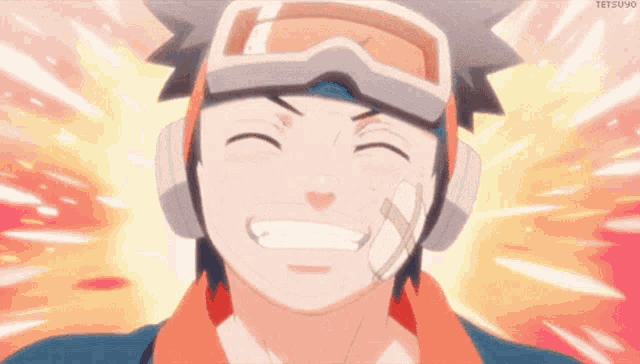 a cartoon character with a bandage on his face is smiling and wearing goggles
