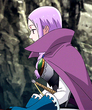 a girl with purple hair is holding a sword