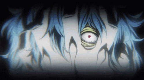 a close up of a cartoon character 's face with a red eye .