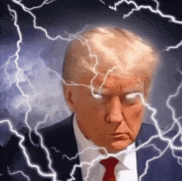 a man in a suit and tie is surrounded by lightning bolts .