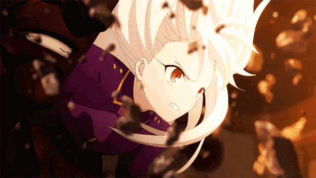 a girl with white hair and red eyes looks angry